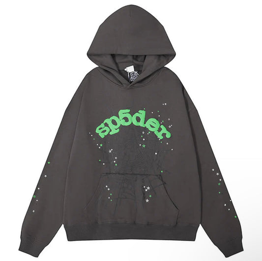 Sp5der Spider Web Hoodie: Grey and Green - Prestige Closet